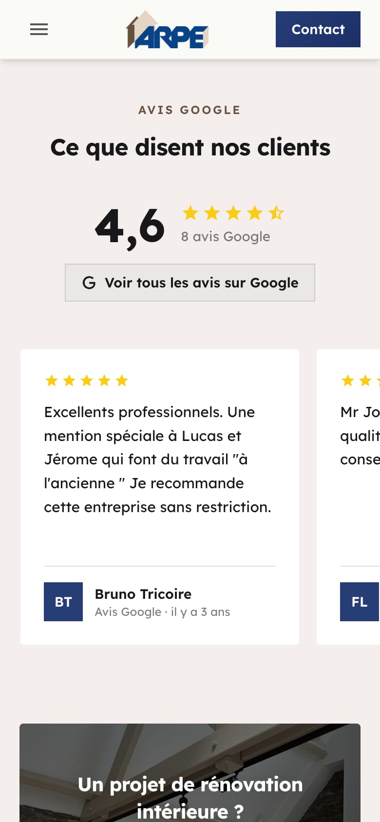 Site web client - ARPE, rénovation intérieure à Angers, version mobile