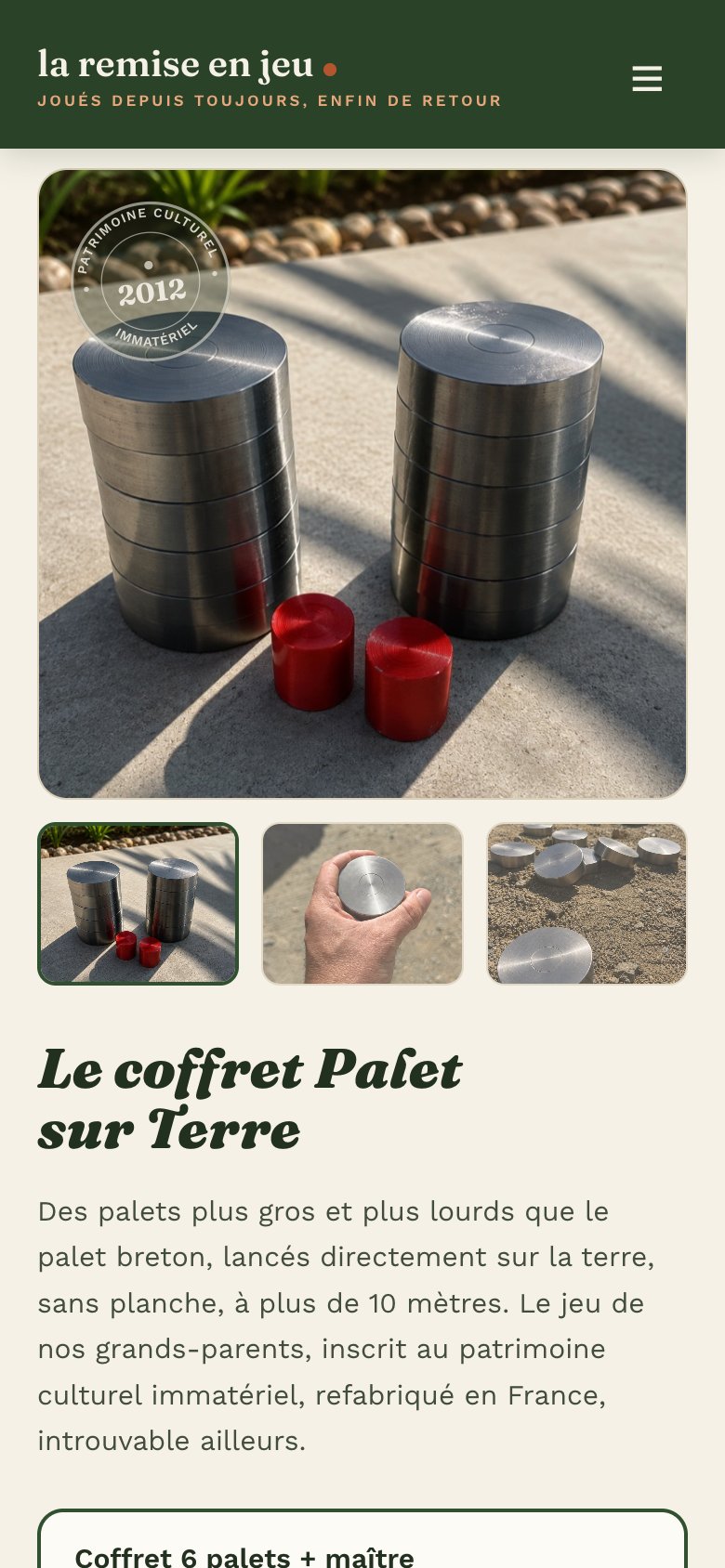 Site web - La Remise en Jeu, jeux d'antan refabriqués en France, version mobile