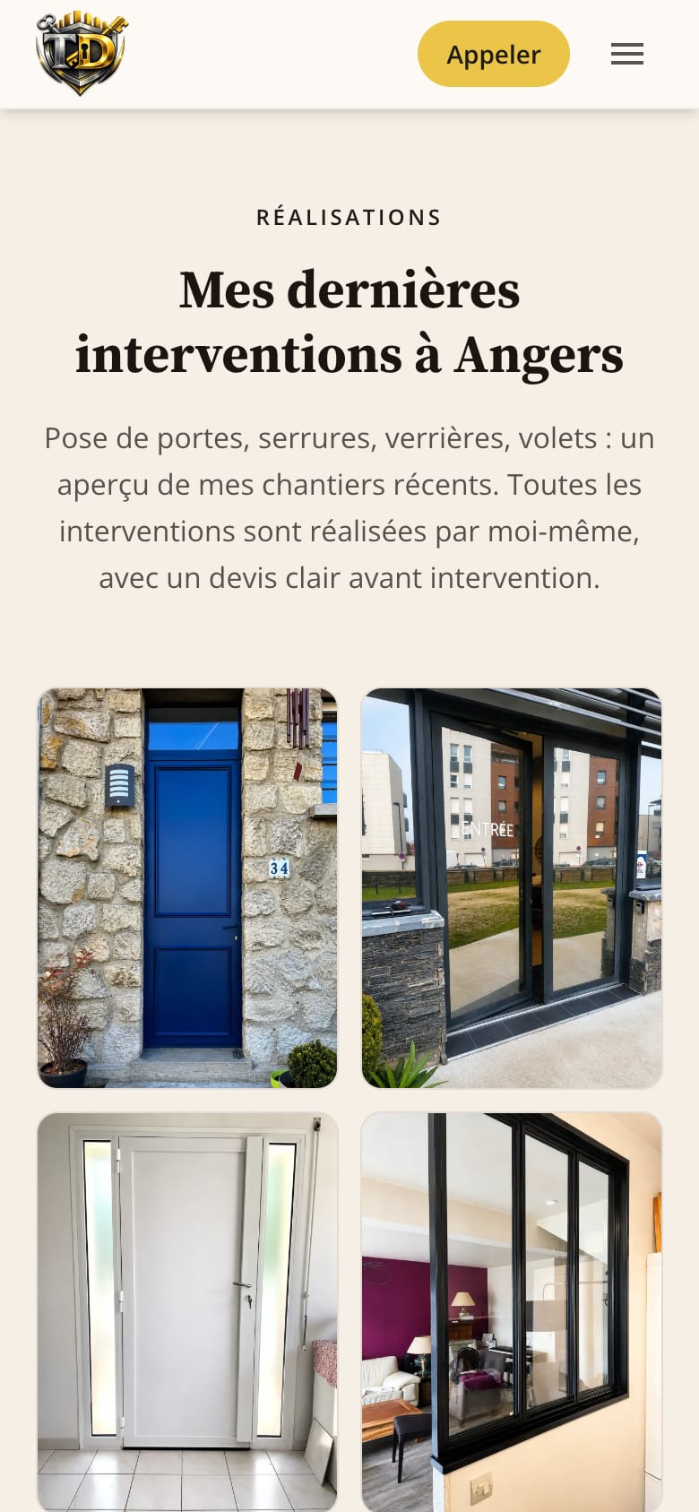 Site web client - TD Serrurerie, serrurier-miroitier à Angers, version mobile